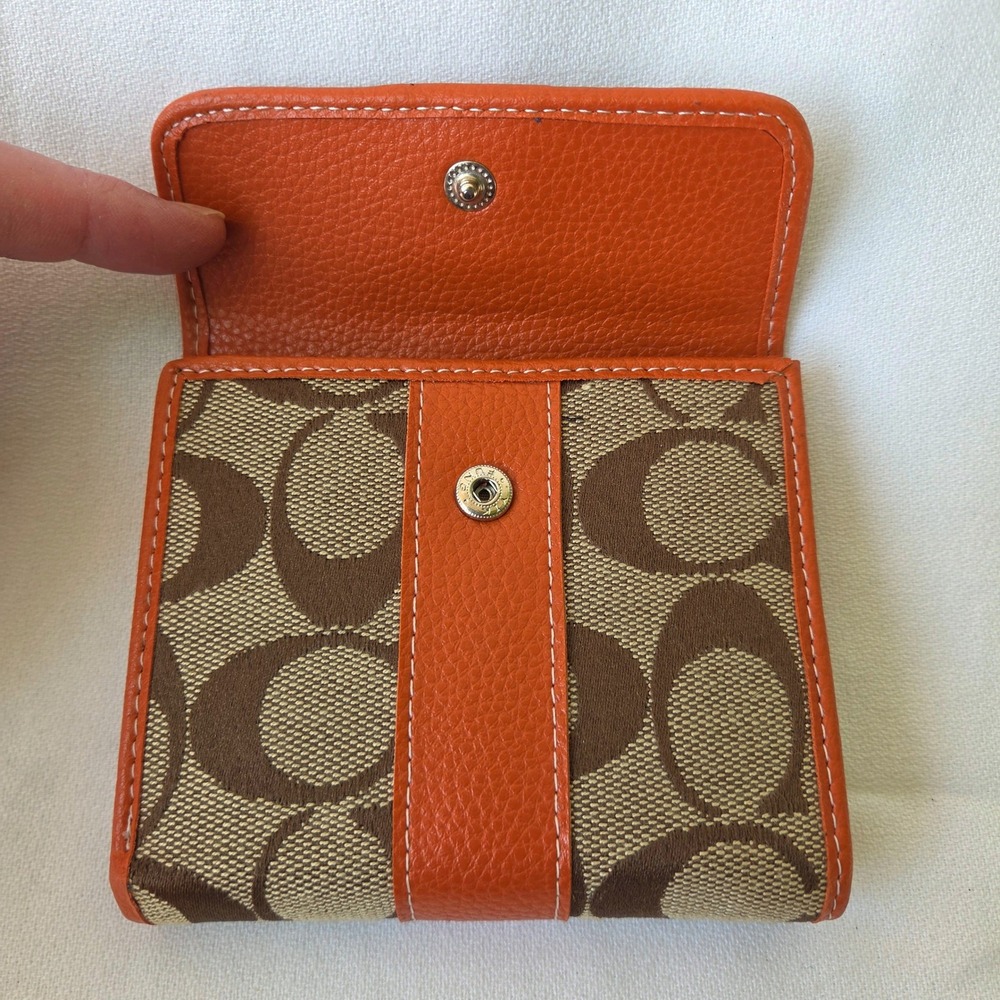 Coach Wallet Orange Excellent Vintage Signature Trifold Jacquard Leather - Picture 10 of 11